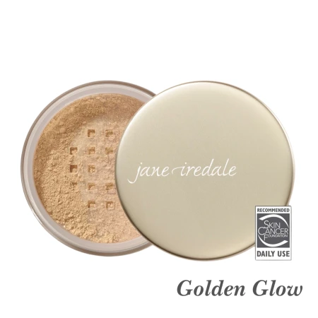 Golden Glow shade of Jane Iredale Amazing Base Loose SPF 20 in a warm golden medium tone.