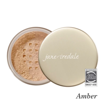 Amber shade of Jane Iredale Amazing Base Loose SPF 20 in a warm golden olive tone.