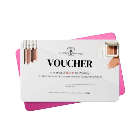 150 PLN voucher graphic for online shopping with recipient and code fields.