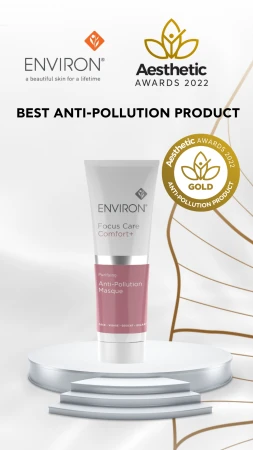 Tube of Environ Focus Care Comfort+ Anti-Pollution Masque 75 ml with award names displayed above the product.