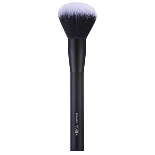 INIKA Organic Powder Brush with a matte black handle, gold INIKA POWDER lettering and a large dense rounded brush head.