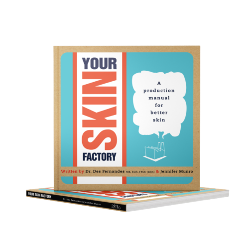 Cover of the English-language book Your Skin Factory, with the title in large modern lettering and a blue callout reading A production manual for better skin.