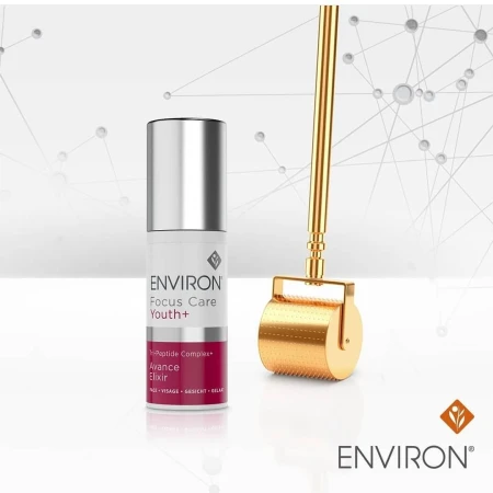 Avance Elixir serum shown with Gold-CIT derma roller and science-inspired connected point graphics.
