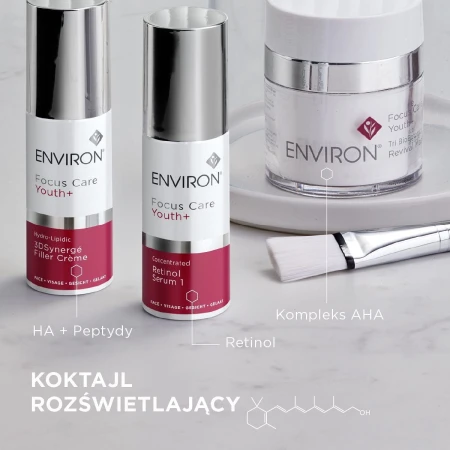 Three Environ Youth+ products with a brush, presented as a brightening cocktail skincare set.