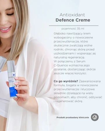 Smiling woman in a white robe holding Defence Creme Plus, with product science text on the side.