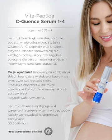 Youth EssentiA C-Quence Serum 1 to 4 information beside a smiling woman holding serum packaging.