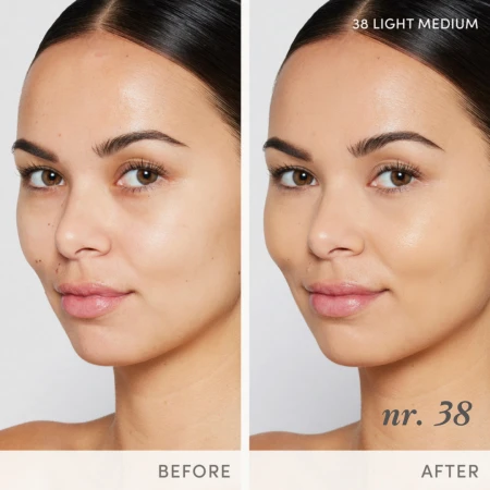 JANE IREDALE Skintuition SPF 30 liquid foundation shade 38 swatch or before-and-after product image.