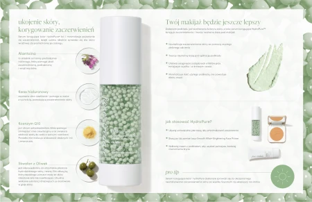 Jane Iredale HydroPure redness-correcting serum advertisement showing soothing, hydrating and tone-evening benefits with allantoin, Q10 and hyaluronic acid.