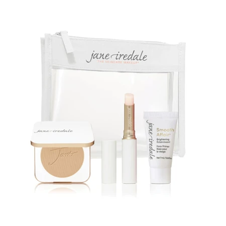 Jane Iredale Forever You Kit with PurePressed Base compact, Just Kissed lip stain, Smooth Affair mini primer and a white cosmetic bag.