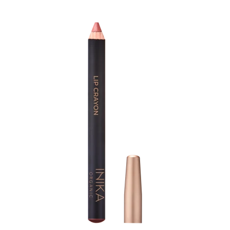 INIKA Organic Lip Crayon ROSE NUDE in a matte black pencil with gold cap.