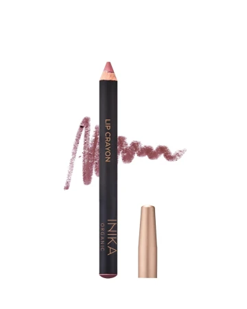 INIKA Organic Lip Crayon PINK NUDE with gold cap and a muted pink colour swatch.