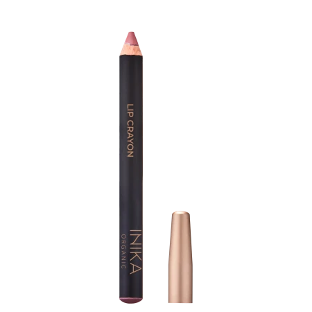 INIKA Organic Lip Crayon PINK NUDE in a matte black pencil with gold lettering and removable gold cap.