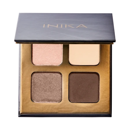 INIKA Organic Quad Eyeshadow Palette WIND in dark packaging with gold INIKA logo and four neutral shadows.