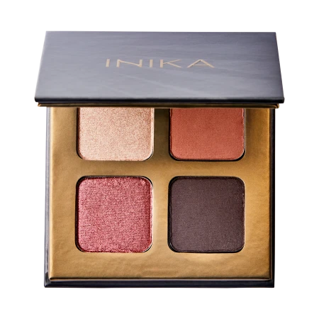 Open INIKA Organic Quad Eyeshadow Palette FLOWERS with warm earthy shades from golden beige to deep brown.