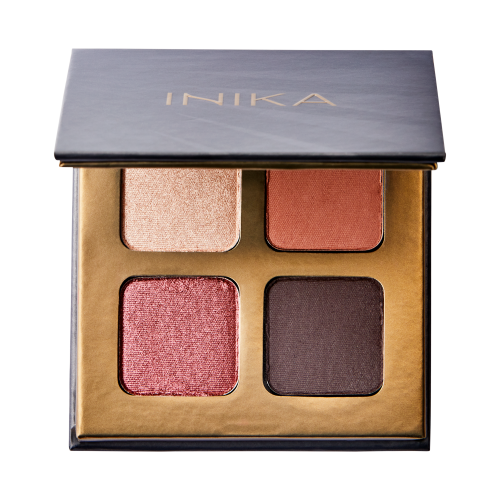 Open INIKA Organic Quad Eyeshadow Palette FLOWERS with warm earthy shades from golden beige to deep brown.