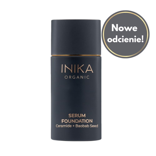 INIKA Organic Serum Foundation bottle with ceramides and baobab seed oil on a clean white background.