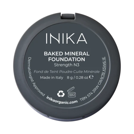 Bottom label of INIKA Organic Baked Mineral Foundation compact in shade Strenght N3.