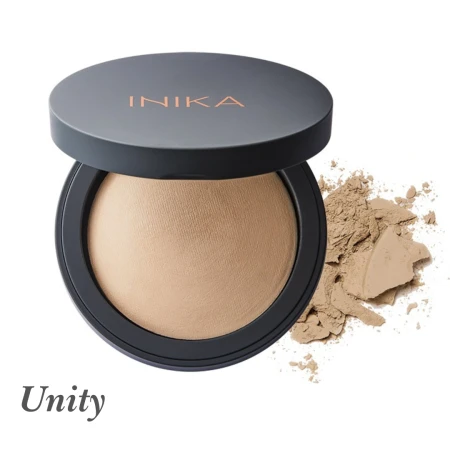 INIKA Organic Baked Mineral Foundation in shade Unity with open compact and loose powder beside it.