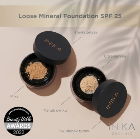 Two open jars of INIKA Organic Loose Mineral Foundation SPF25 with ingredient callouts on a light background.
