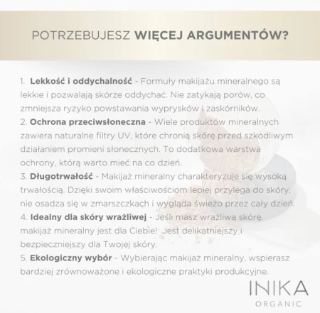 INIKA Organic mineral makeup benefits graphic explaining the advantages of mineral foundation.