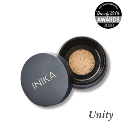 INIKA Organic Loose Mineral Foundation SPF25 jar in shade Unity with Beauty Bible Awards 2020 badge.