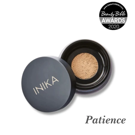 INIKA Organic Loose Mineral Foundation SPF25 jar in shade Patience with Beauty Bible Awards 2020 badge.