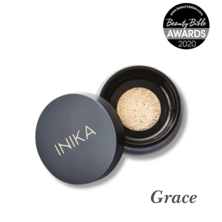 INIKA Organic Loose Mineral Foundation SPF25 jar in shade Grace with Beauty Bible Awards 2020 badge.