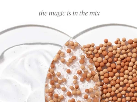 Graphic showing the HydroPure Tinted Serum formula with pigment capsules suspended in serum.