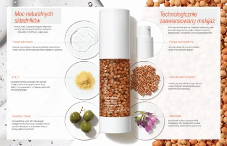 HydroPure Tinted Serum bottle graphic with active ingredients and formula technology callouts.
