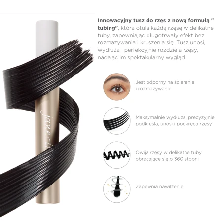 Jane Iredale Lash Fixation tubing mascara graphic showing key benefits and product features.