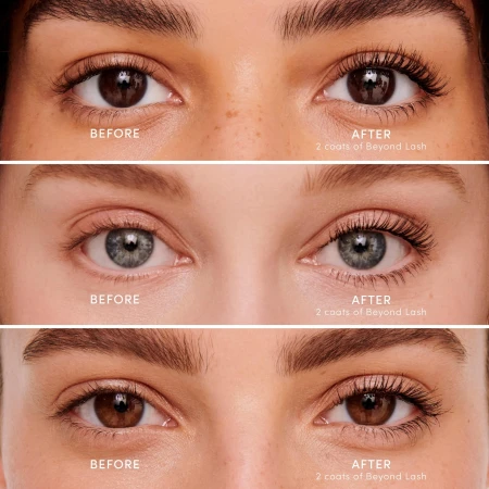 Before-and-after eye images showing lashes with Beyond Lash Volumizing Mascara.
