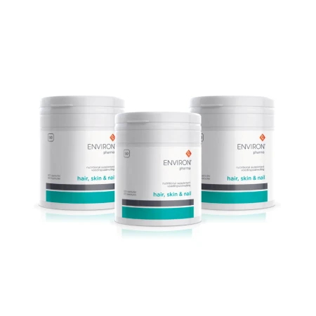 Three ENVIRON PHARMA Hair, Skin, Nails supplement tubes standing side by side as a 3-month kit.