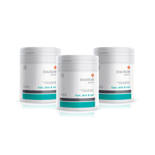 Three ENVIRON PHARMA Hair, Skin, Nails supplement tubes standing side by side as a 3-month kit.