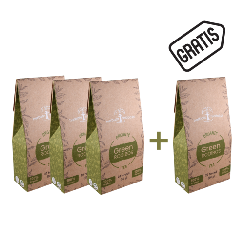 Organic Green Rooibos Tea 3 + 1 FREE set with brown cartons and green leaf side panel.
