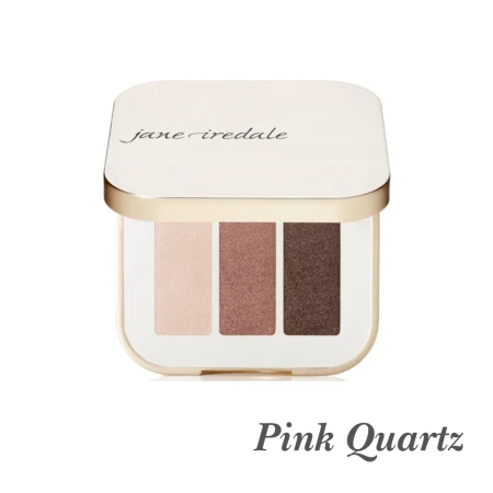 Pink Quartz eyeshadow trio with pale pink, rose-copper shimmer and deep rose-brown shades.