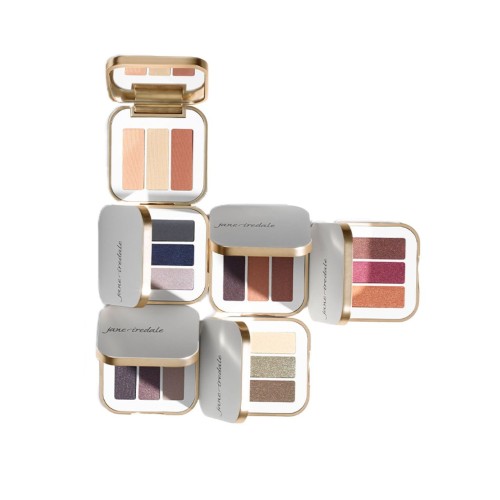 Six Jane Iredale PurePressed Eye Shadow Triple palettes in white compacts with mirrors.