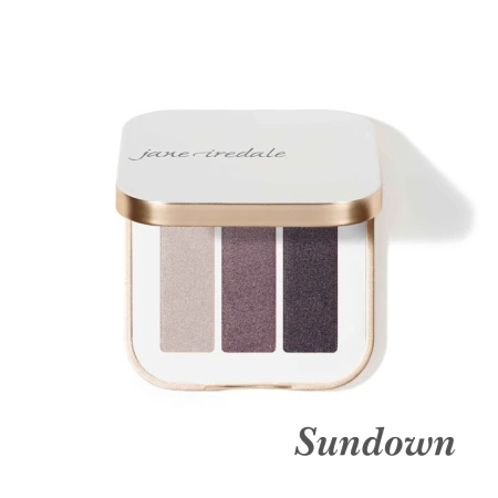 Sundown eyeshadow trio with cool evening tones including taupe, plum shimmer and graphite.