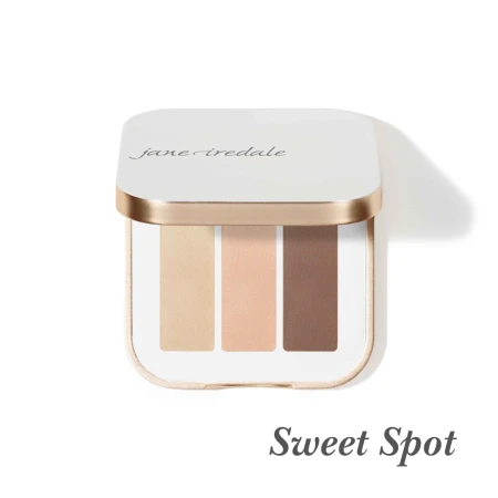 Sweet Spot eyeshadow trio with warm neutral cream, peach nude and warm brown shades.