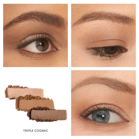 Triple Cognac eyeshadow look shown on the eyes of three different models.