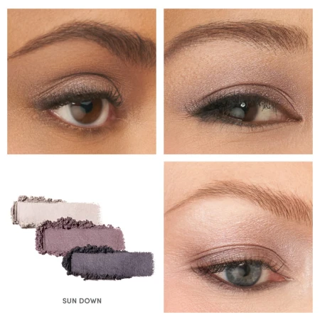 Sundown eyeshadow look shown on the eyes of three different models.