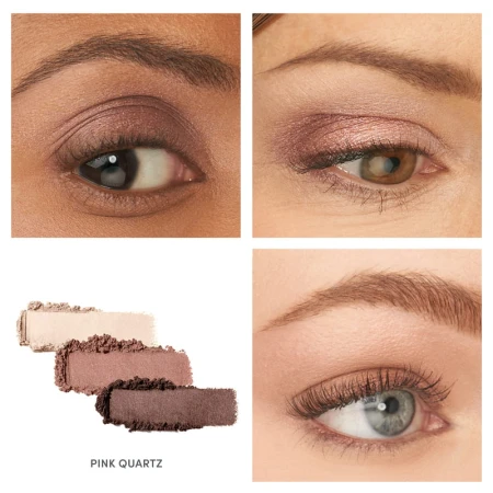 Pink Quartz eyeshadow look shown on the eyes of three different models.