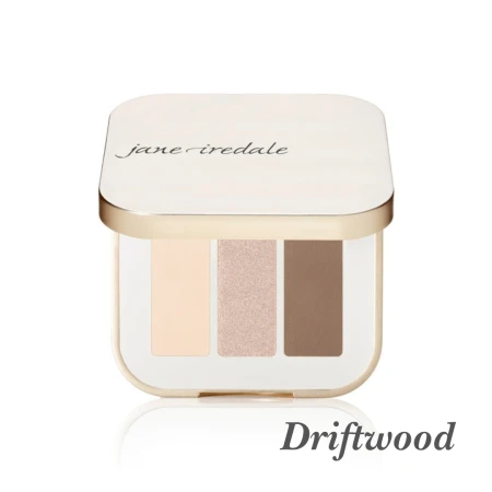 Driftwood eyeshadow trio with ivory, champagne taupe shimmer and cool brown shades.