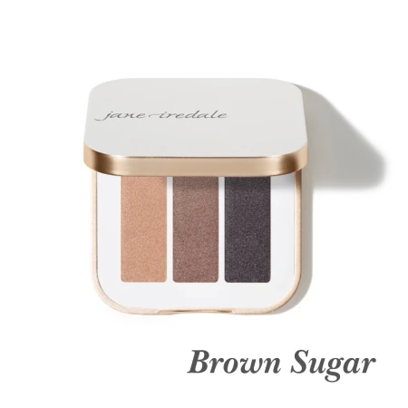 Brown Sugar eyeshadow trio with shimmering brown tones and a deeper graphite-brown shade.