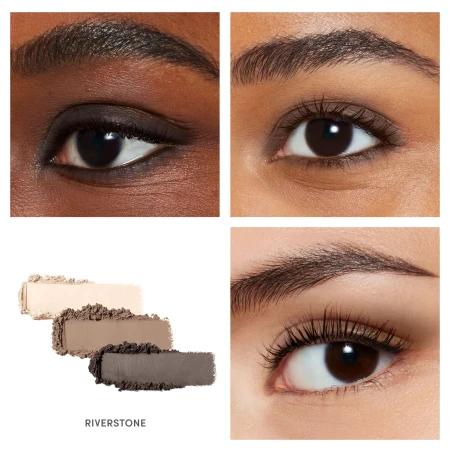 Riverstone eyeshadow look shown on the eyes of three different models.