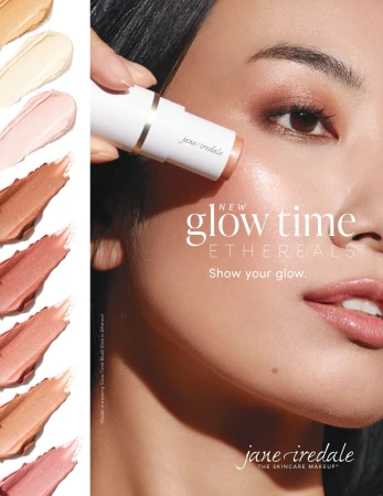 Model showing a radiant cheek glow with Jane Iredale Glow Time Blush shades beside her.