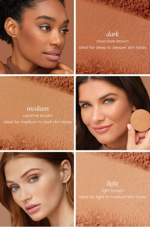 Jane Iredale PureBronze Matte Bronzer shades Light, Medium and Dark shown on models.
