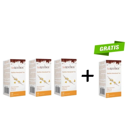 Four-pack SAROOBOS Rooibos Honeybush Tea 3 + 1 FREE set on a white background.