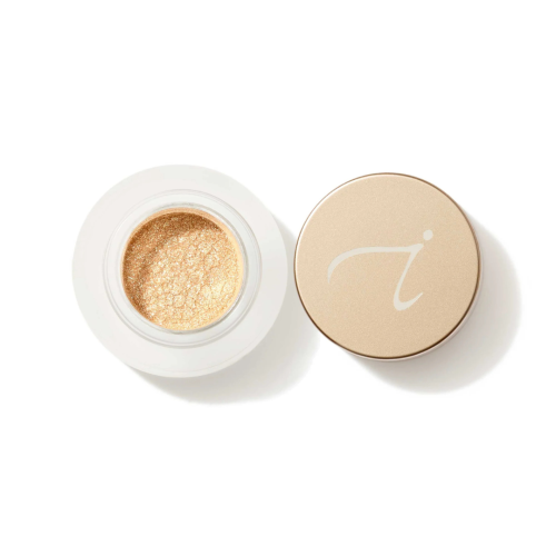Jane Iredale 24-Karat GOLD DUST loose eye shadow and shimmer powder in a clear jar with a gold lid, in a warm golden shade with a delicate pearly glow.