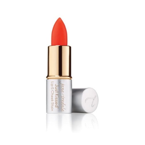Jane Iredale Just Kissed Lip and Cheek Stain Forever Red MINI with silver-gold packaging and red balm.