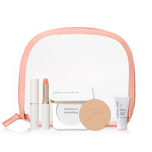 Jane Iredale Forever You Kit with selected PurePressed Base shade, white compact, Forever You lip stain, Smooth Affair mini primer and a pink-trim cosmetic bag.